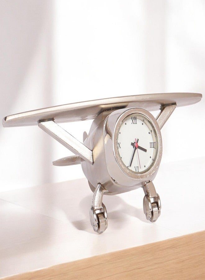 PUREjoy Aeroplane Miniature Analog Table Clock|Stylish Alloy Desk Clock with Roman Numerals,Rotating Wheels,and Silver Finish for Office,Home Décor,Paperweight,and Corporate Gifting,9 cm,7 cm - Image 1